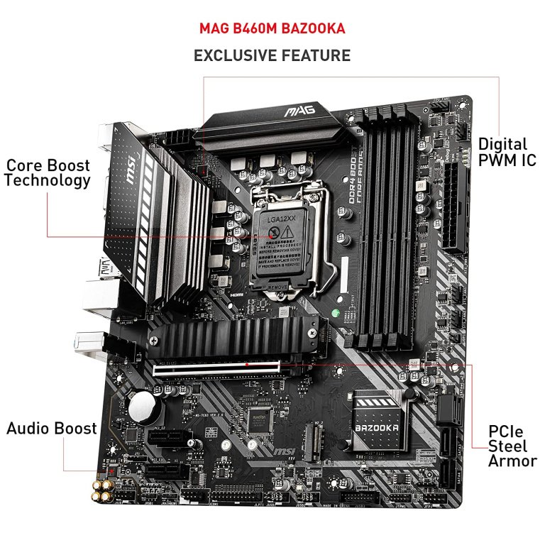 MSI MAG B460M Bazooka Gaming Motherboard (mATX, 10th Gen Intel Core, LGA 1200 Socket, DDR4, Dual M.2 Slots, USB 3.2 Gen 1, 2.5G LAN, DVI/HDMI)