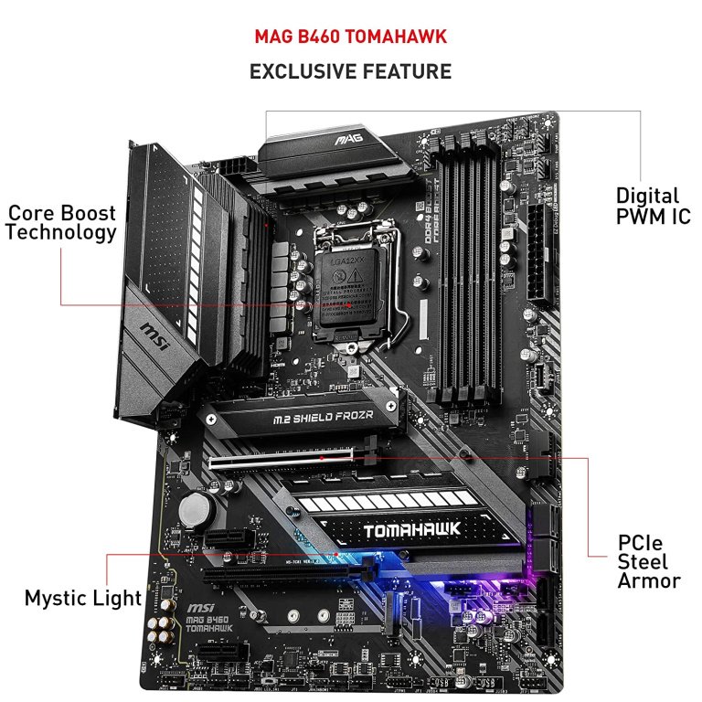 MSI MAG B460 Tomahawk Gaming Motherboard (ATX, 10th Gen Intel Core, LGA 1200 Socket, DDR4, CFX, Dual M.2 Slots, USB 3.2 Gen 2, 2.5G LAN, DP/HDMI, Mystic Light RGB)